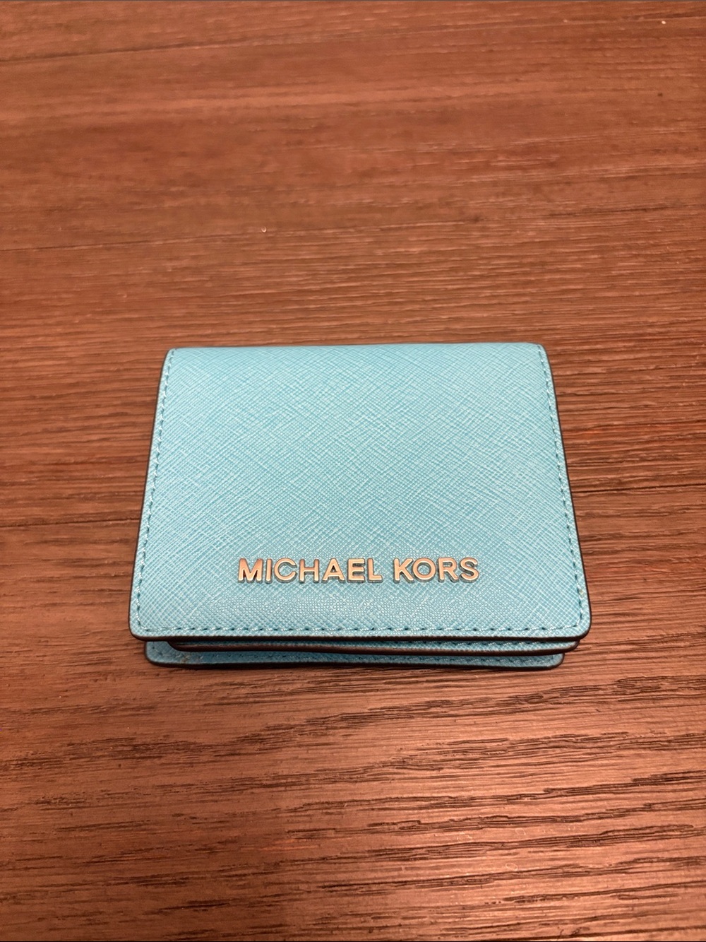 Michael Kors Saffiano Leather Bifold Wallet in Light Blue with Gold Logo